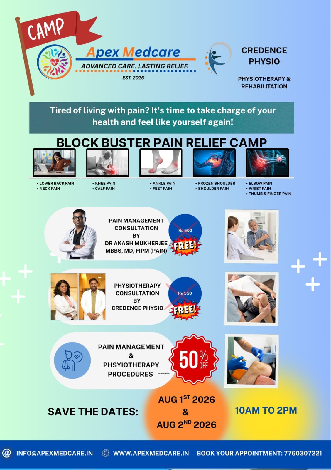Free pain and physiotherapy medical camp poster with details and contact information